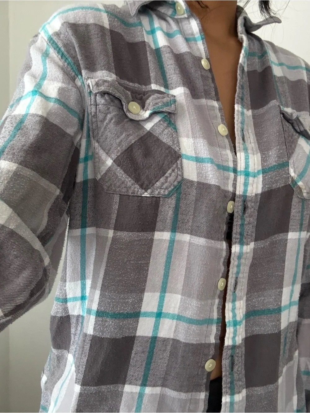 American Rag Gray, White & Teal Plaid Button-Down Shirt